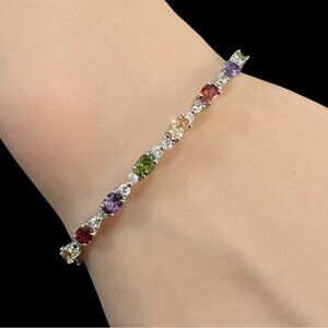 Colorful Gemstone & Silver-Tone Bangle Bracelet With Oval-Cut Stones